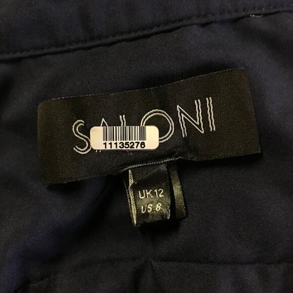 SALONI Tilly Ruffle Dress 8 Navy Gold Metallic Medallion Geometric 3/4 Sleeve - Picture 3 of 7